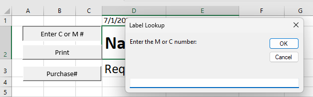 Excel package label input screen